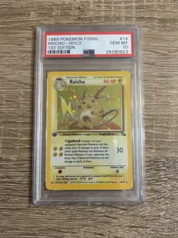 1999 POKEMON FOSSIL 1ST EDITION #14 RAICHU-HOLO PSA 10 - Image 1