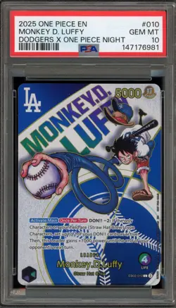 One Piece CCG Monkey.D.Luffy Dodgers X One Piece Night EB02-010 PSA 10 Gem Mint - Image 1