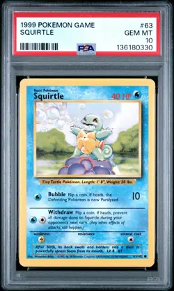 1999 POKEMON Card BASE SET UNLIMITED #63 SQUIRTLE PSA 10 - Image 1
