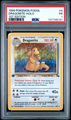 1999 POKEMON FOSSIL 1ST ED #4 DRAGONITE-HOLO PSA 1 - Image 1