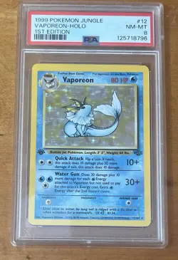 Vaporeon 1st Edition Holo Rare Card 12/64 Jungle PSA 8 - Image 1