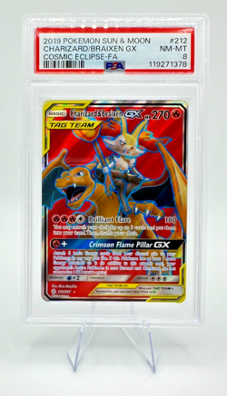 2019 Pokemon S&M Cosmic Eclipse Charizard & Braixen GX #212 | TAG TEAM | PSA 8 - Image 1