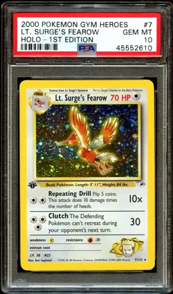 PSA 10 GEM MINT Lt. Surge's Fearow 7/132 Gym Heroes 1ST EDITION Pokemon Card - Image 1