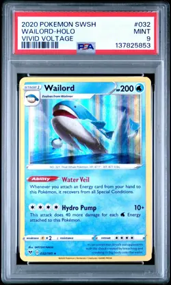 2020 POKEMON SWORD & SHIELD VIVID VOLTAGE #032 WAILORD-HOLO PSA 9 - Image 1
