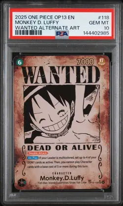 2025 One Piece OP13 EN Monkey D Luffy Wanted Alternate Art#118 PSA 10 GEM MINT - Image 1