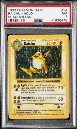 1999 POKEMON BASE SET SHADOWLESS #14 RAICHU-HOLO PSA 7 - Image 1