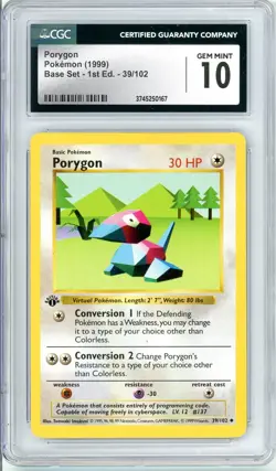 Pokemon Porygon #39 Base Set Shadowless 1st Edition CGC 10 Gem Mint - Image 1