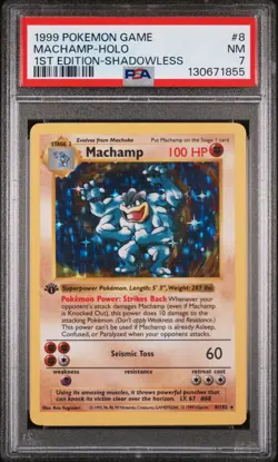 1999 POKEMON GAME 1ST ED-SHADOWLESS #8 MACHAMP-HOLO PSA 7 - Image 1