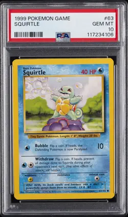 1999 POKEMON BASE SET UNLIMITED #63 SQUIRTLE PSA 10 - Image 1