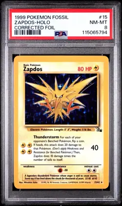 1999 Pokemon Fossil #15 Zapdos-Holo Corrected Foil PSA 8 Near Mint-Mint - Image 1