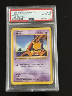 Pokemon PSA 10 GEM MINT Abra 1st Edition Base Set Shadowless 1999 Card 43/102 - Image 1