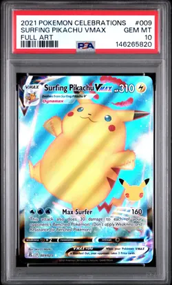 2021 POKEMON CELEBRATIONS #009 FULL ART/SURFING PIKACHU VMAX PSA 10 - Image 1