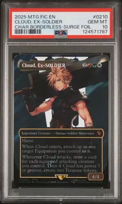 2025 MTG FINAL FANTASY COMMANDER BORDERLESS-SURGE FOIL CLOUD, EX-SOLDIER PSA 10 - Image 1