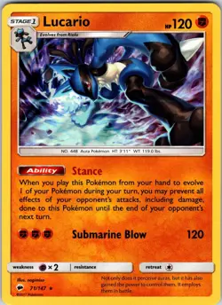 Lucario 71/147 SM - Burning Shadows Pokemon NM Holo - Image 1