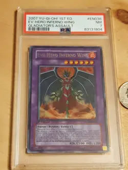 yugioh graded card Evil Hero Inferno Wing 1st Ed 7 2007 En038 Ultra Rare Low Pop - Image 1