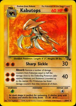 KABUTOPS 24/62 RARE FOSSIL POKEMON UNLIMITED HP - Image 1