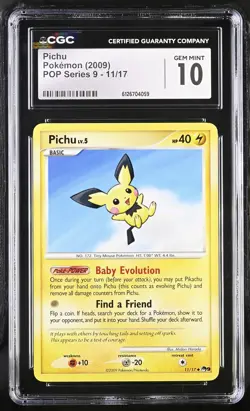 CGC 10 GEM MINT Pichu 2009 POP Series 9 11/17 Pokemon Card - Image 1