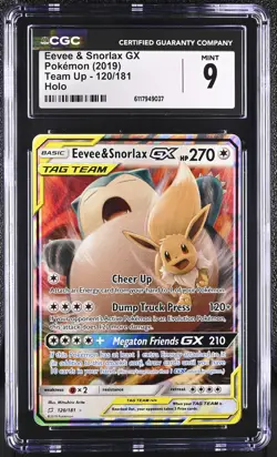 CGC 9 MINT Eevee & Snorlax GX 2019 Team Up 120/181 Holo Pokemon Card - Image 1