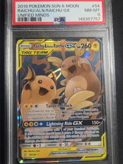2019 POKEMON SUN & MOON UNIFIED MINDS #54 RAICHU & ALOLAN RAICHU GX PSA 8 - Image 1