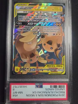2019 POKEMON SUN & MOON UNIFIED MINDS #54 RAICHU & ALOLAN RAICHU GX PSA 8 - Image 2