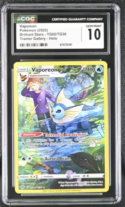 CGC 10 GEM MINT Vaporeon Brilliant Stars TG02/TG30 Trainer Gallery Pokemon Card - Image 1