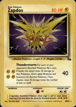 ZAPDOS 30/62 RARE FOSSIL POKEMON UNLIMITED HP - Image 2