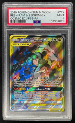 2019 Pokemon S&M Cosmic Eclipse Reshiram Zekrom Tag Team FA PSA 9 Mint #222/236 - Image 1