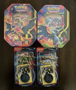 Pokemon 2026 Mega Charizard Tin SET OF 2 + 2 Phantasmal Flames 2 Pack Blister - Image 1