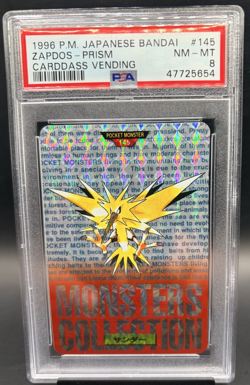 1996 Pokemon Japanese Bandai Carddass 145 Zapdos Prism PSA 8 Red - Image 1