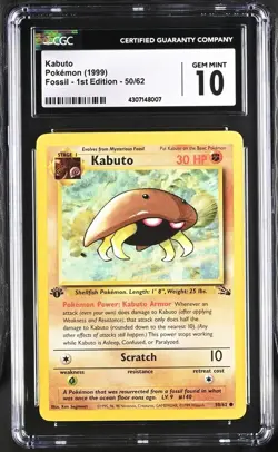 1999 Pokemon Kabuto 1st Edition Fossil #50 CGC 10 - Image 1