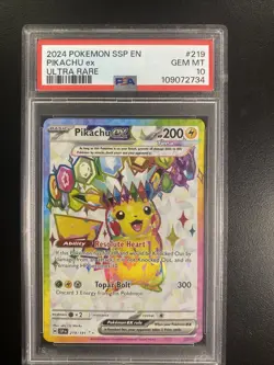 2024 POKEMON SSP EN-SURGING SPARKS ULTRA RARE #219 PIKACHU EX PSA 10 - Image 1