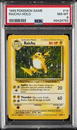 1999 POKEMON BASE SET UNLIMITED #14 RAICHU-HOLO PSA 8 - Image 1