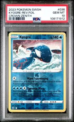 POKEMON S&S CROWN ZENITH #036 KYOGRE REVERSE CROWN ZENITH GEM MT PSA 10 Pop 6 💎 - Image 1