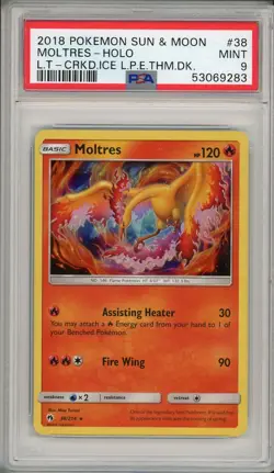2018 Pokemon Sun & Moon Lost Thunder Moltres Cracked Ice Promo Holo #38 PSA 9 - Image 1