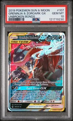 2019 POKEMON SUN & MOON UNBROKEN BONDS #107 GRENINJA & ZOROARK GX PSA 10 - Image 1