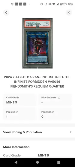 Secret Rare Yu-Gi-Oh! 2024 Fiendsmiths Requiem AE046 Quarter Century PSA 9 POP 1 - Image 3