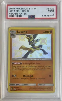 2019 POKEMON SUN & MOON HIDDEN FATES #SV22 LUCARIO-HOLO PSA 9 MINT 💎 - Image 1