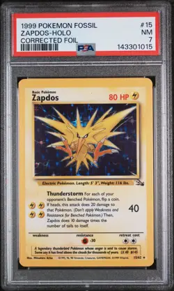 1999 POKEMON FOSSIL CORRECTED FOIL #15 ZAPDOS-HOLO PSA 7 - Image 1