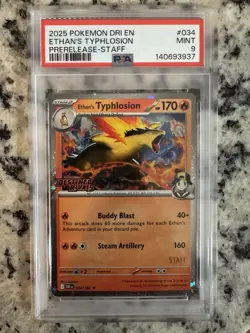 PSA 9 STAFF STAMPED Pokemon Destined Rivals Ethan's Typhlosion Prerelease-Staff - Image 1