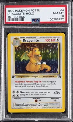 1999 POKEMON FOSSIL 1ST ED #4 DRAGONITE-HOLO PSA 8 - Image 1