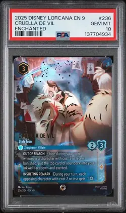 2025 DISNEY LORCANA EN 9-FABLED #236 CRUELLA DE VIL ENCHANTED PSA 10 - Image 1