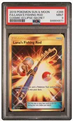 Pokemon Lana's Fishing Rod 266/236 PSA 9 S&M Cosmic Eclipse 266 PSA 9 Gold - Image 1