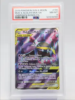 MUK & ALOLAN MUK GX 2019 POKEMON FULL ART UNBROKEN BONDS RARE 196 PSA 8 Q1518 - Image 1