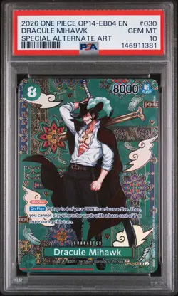 One Piece CCG OP14-EB04 Dracule Mihawk The Azure Sea’s Seven PSA 10 SP OP12-030 - Image 1