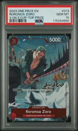 2023 ONE PIECE PROMOS 3 ON 3 CUP-TOP PRIZE #013 RORONOA ZORO PSA 10 - Image 1