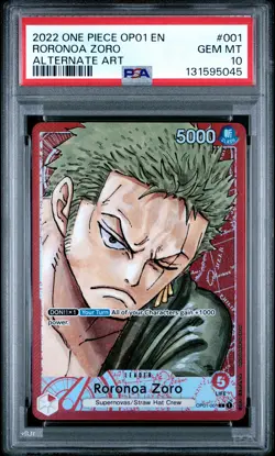 2022 ONE PIECE OP01-ROMANCE DAWN ALTERNATE ART #001 RORONOA ZORO PSA 10 - Image 1