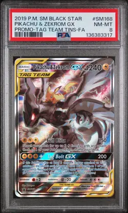 2019 POKEMON SM BLACK STAR PROMO #SM168 FULL ART/PIKACHU & ZEKROM GX PSA 8 - Image 1