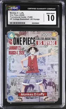2026 ONE PIECE PROMO CARD COLLEGE BASKETBALL MONKEY D. LUFFY CGC 10 GEM MINT - Image 1
