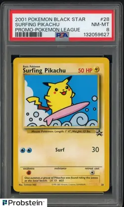 2001 Pokemon Black Star Promo Pokemon League #28 Surfing Pikachu PSA 8 NM-MT - Image 1