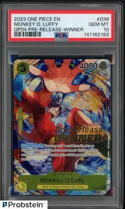 2022-23 One Piece Promo P036 Monkey D Luffy Pre-Release Tournament Winner PSA 10 - Image 1